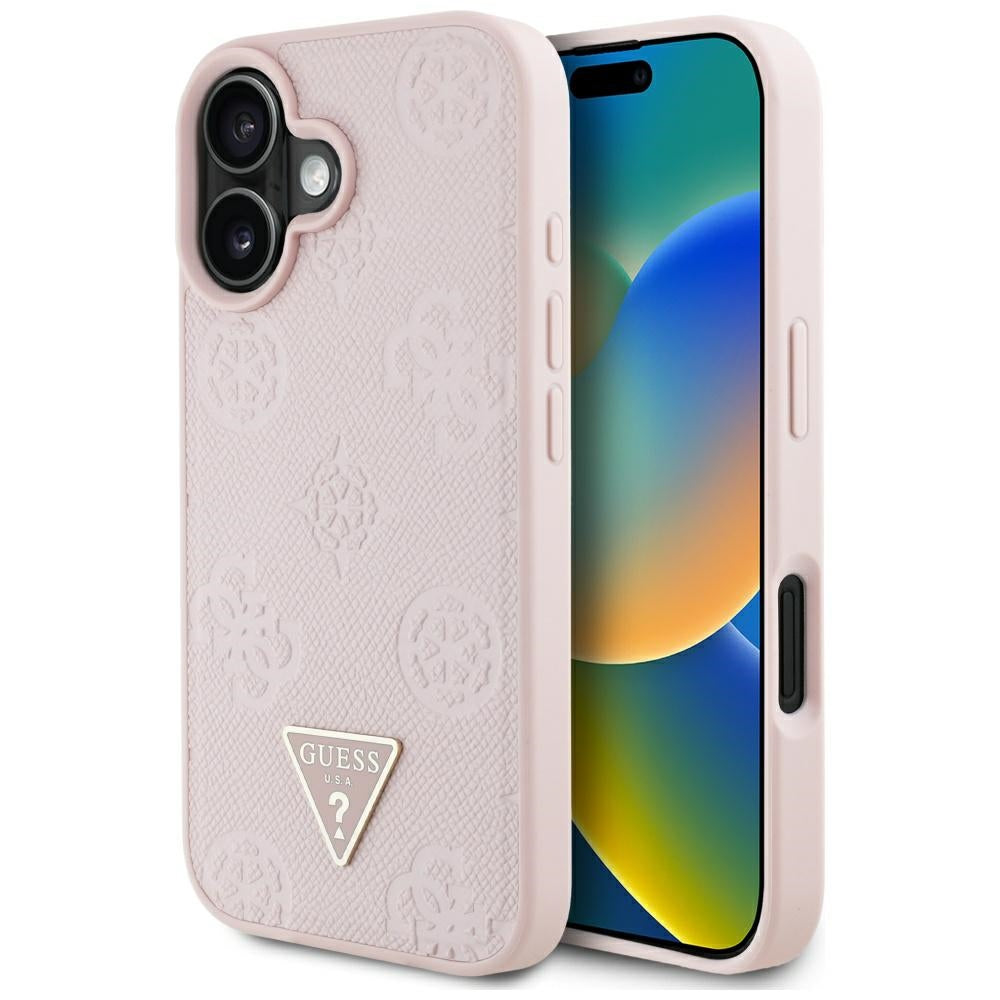 Coque MagSafe pour Apple iPhone 16, Guess, Peony Grained Hot Stamp Triangle, Rose