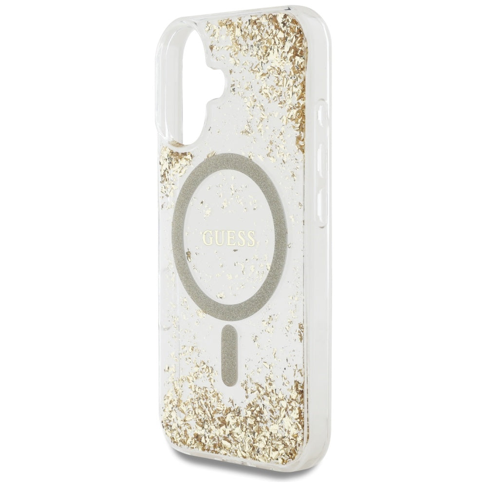Coque MagSafe pour Apple iPhone 16, Guess, Resin Bottom Glitter, Dorée