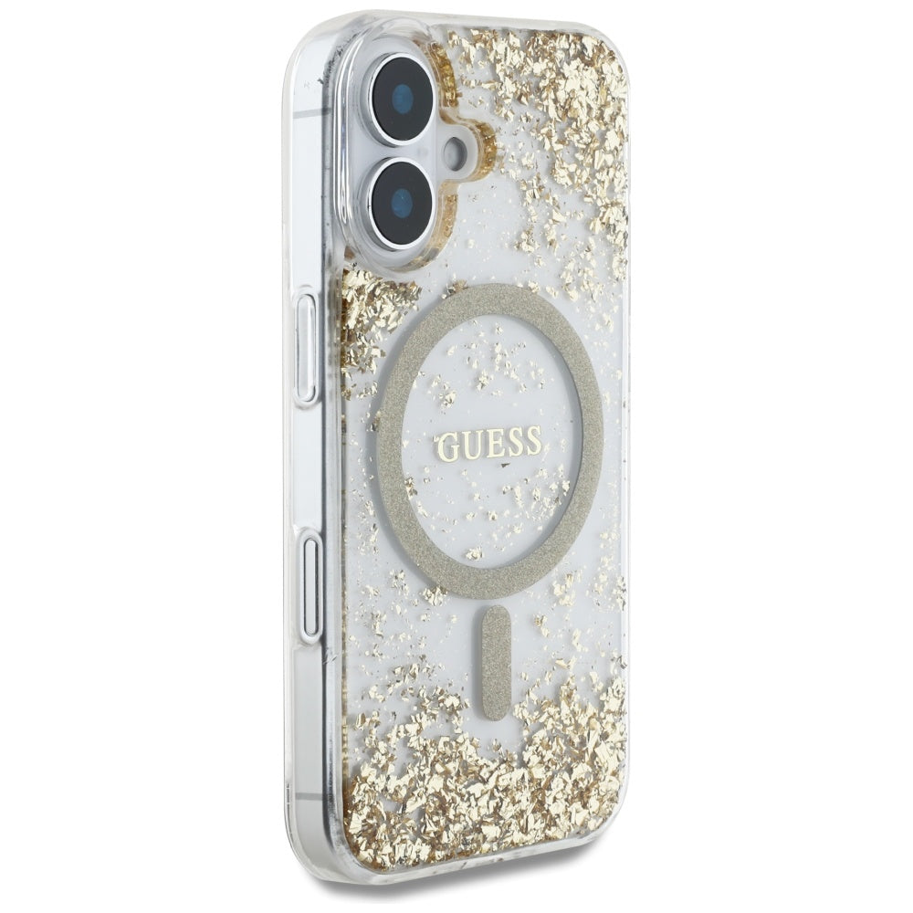 Coque MagSafe pour Apple iPhone 16, Guess, Resin Bottom Glitter, Dorée