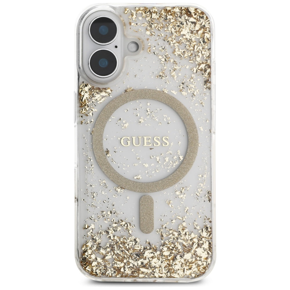 Coque MagSafe pour Apple iPhone 16, Guess, Resin Bottom Glitter, Dorée