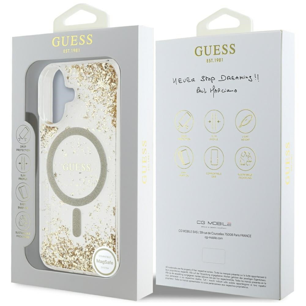 Coque MagSafe pour Apple iPhone 16, Guess, Resin Bottom Glitter, Dorée