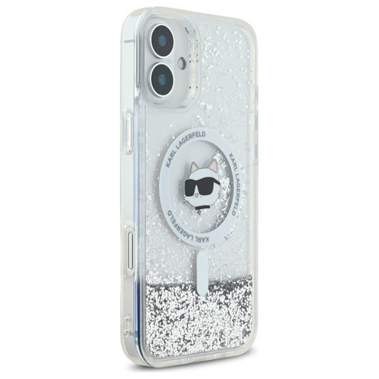 Coque MagSafe pour Apple iPhone 16, Karl Lagerfeld, Glitter Liquid Choupette Head, Transparente