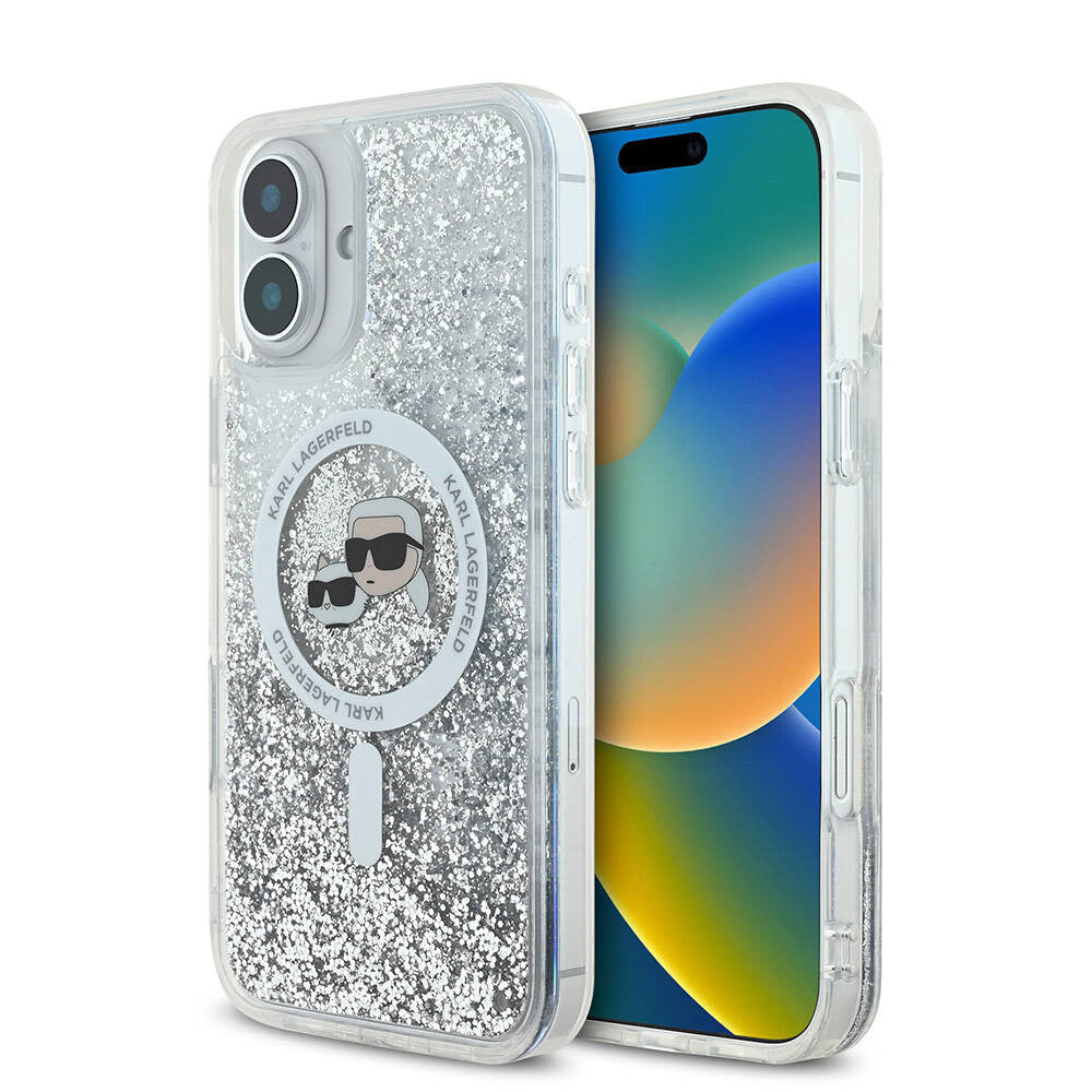 Coque MagSafe pour Apple iPhone 16, Karl Lagerfeld, Glitter Liquid Karl & Choupette's Heads, Transparente