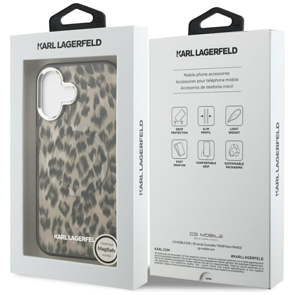 Étui MagSafe pour Apple iPhone 16, Karl Lagerfeld, Motif Léopard IML, Marron