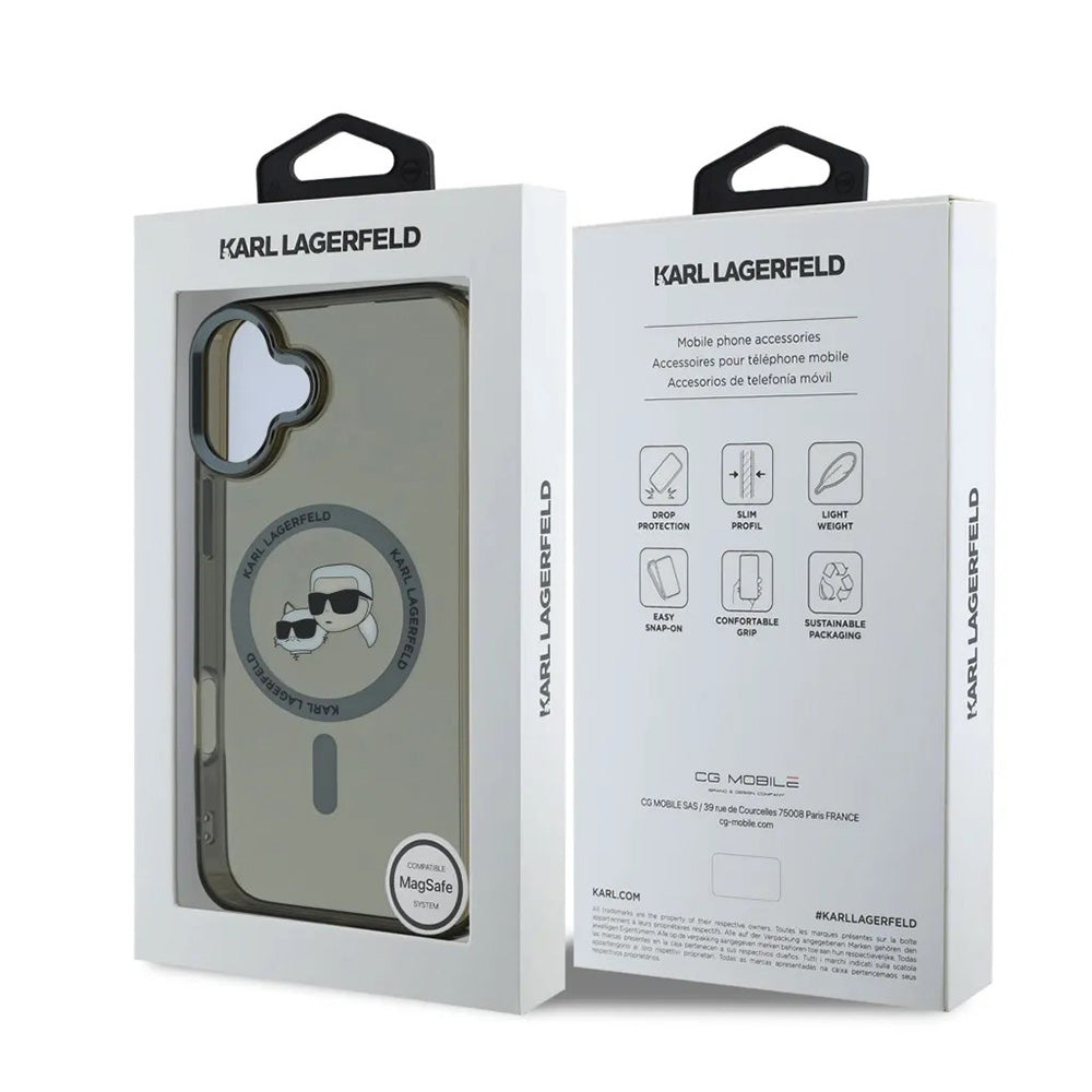 Housse MagSafe pour Apple iPhone 16, Karl Lagerfeld, IML Metal Karl & Choupette's Heads, Noire
