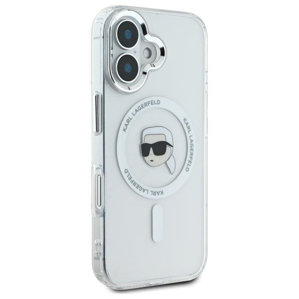 Coque MagSafe pour Apple iPhone 16, Karl Lagerfeld, IML Metal Karl's Head, Blanche