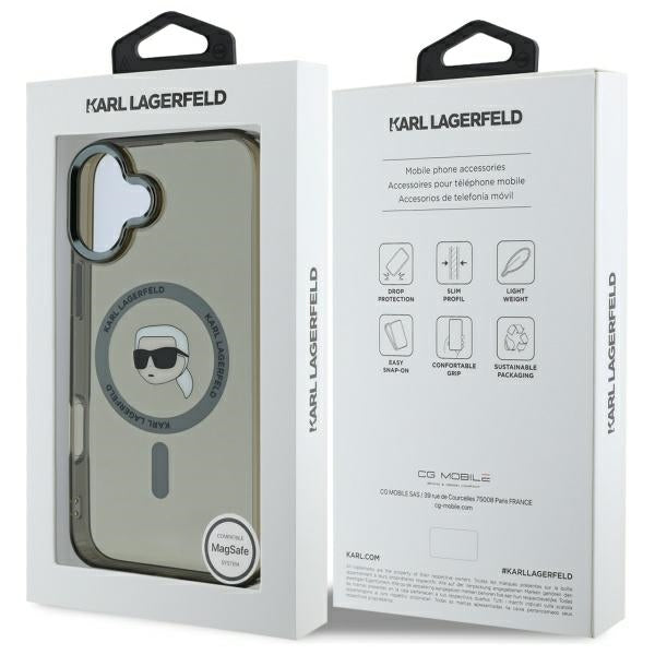 MagSafe Case for Apple iPhone 16, Karl Lagerfeld, IML Metal Karl's Head, Black