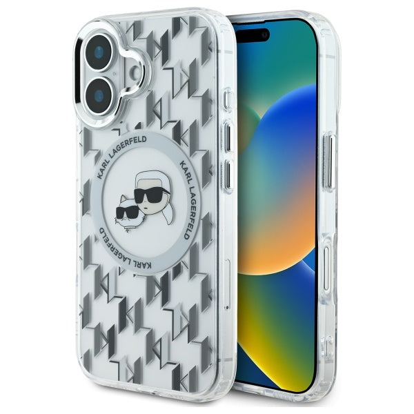 MagSafe Case for Apple iPhone 16, Karl Lagerfeld, IML Monogram Karl & Choupette's Heads, Transparent