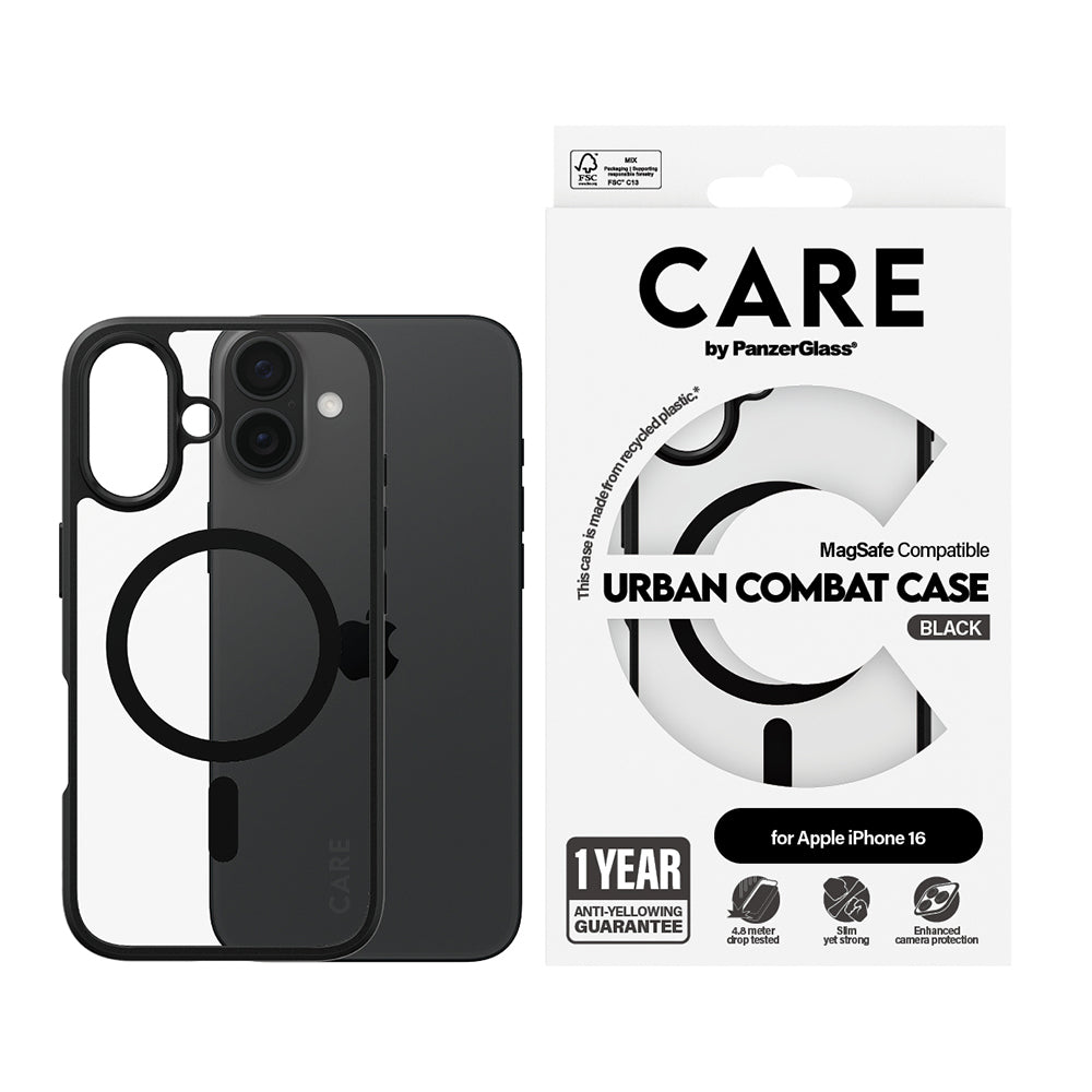 Coque MagSafe pour Apple iPhone 16, PanzerGlass, Care Urban Combat, Noire Transparente