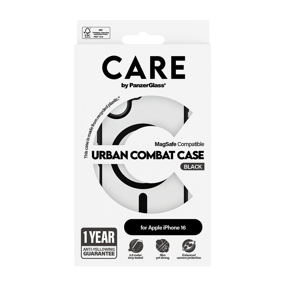 Coque MagSafe pour Apple iPhone 16, PanzerGlass, Care Urban Combat, Noire Transparente