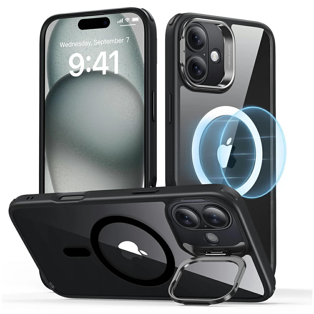 Coque MagSafe pour Apple iPhone 16 Plus, ESR, Classic Hybrid Kickstand, Noire Transparente