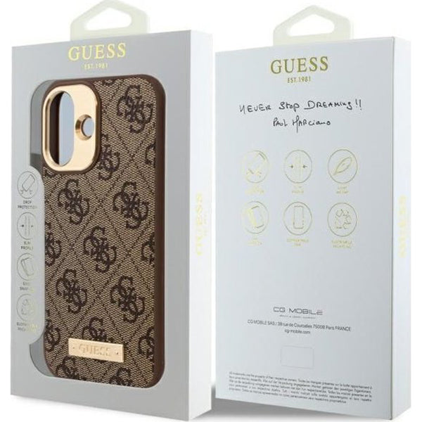 Housse MagSafe pour Apple iPhone 16 Plus, Guess, Plaque Logo 4G, Marron