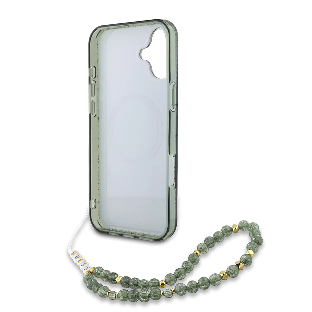 Housse MagSafe pour Apple iPhone 16 Plus, Guess, IML Flowers Allover Electroplated with Pearl Strap, Vert