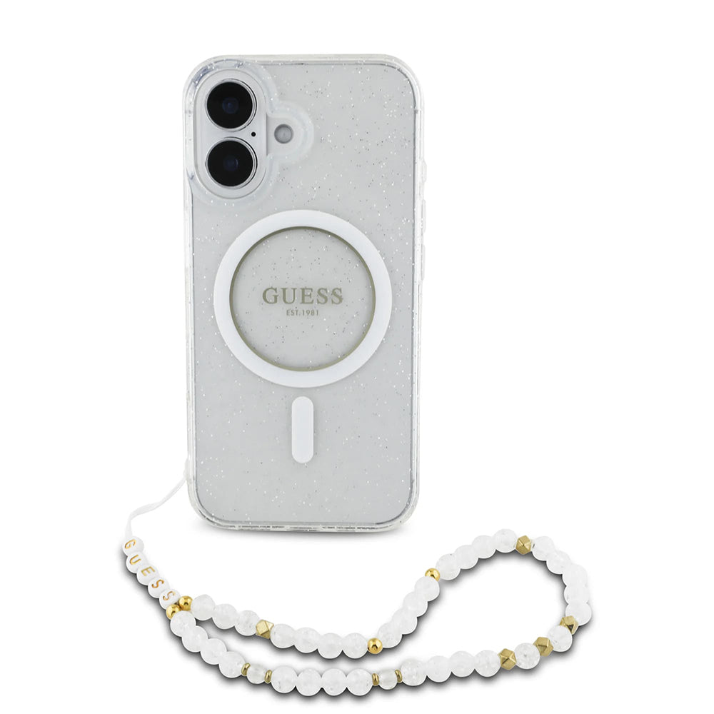 Coque MagSafe pour Apple iPhone 16 Plus, Guess, IML Glitter avec Lanière de Perles, Transparente