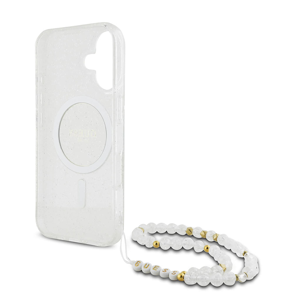 Coque MagSafe pour Apple iPhone 16 Plus, Guess, IML Glitter avec Lanière de Perles, Transparente