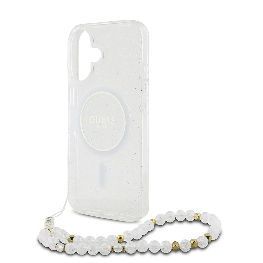 Coque MagSafe pour Apple iPhone 16 Plus, Guess, IML Glitter avec Lanière de Perles, Transparente