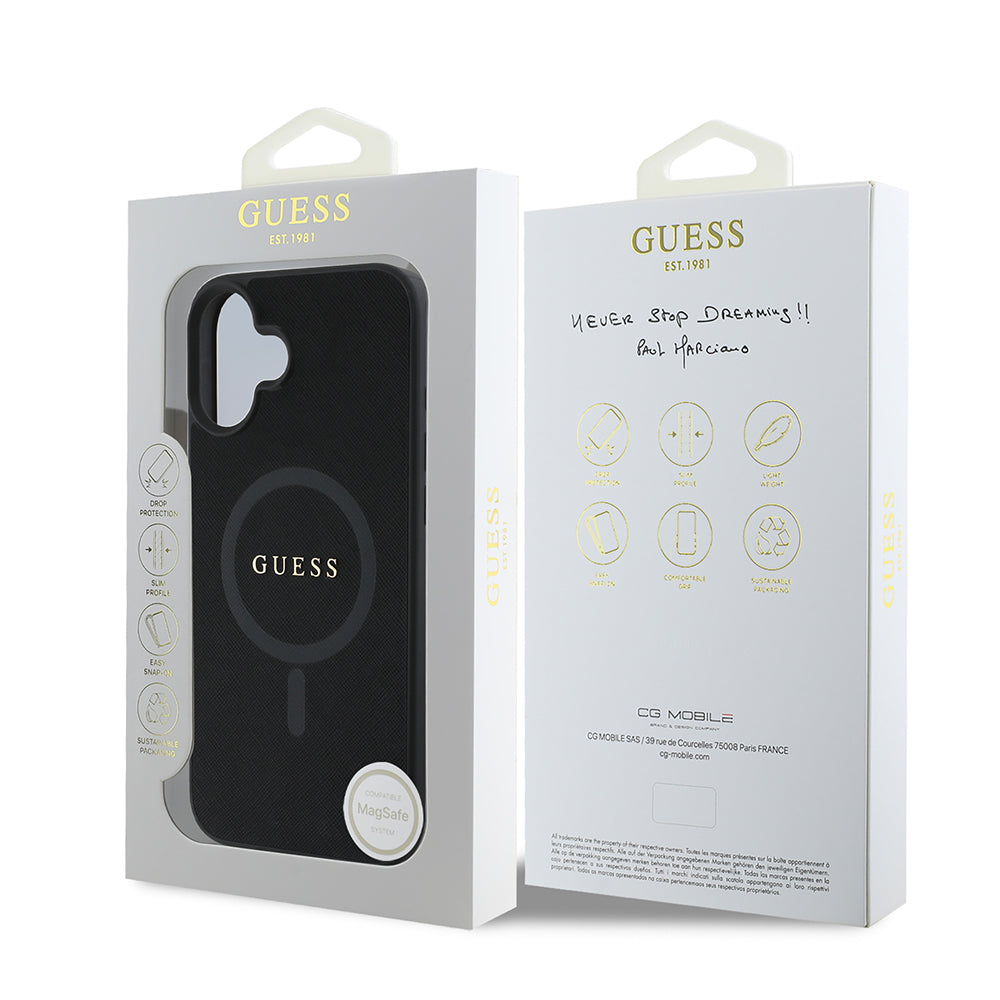 MagSafe Case for Apple iPhone 16 Plus, Guess, Saffiano Classic Logo, Black