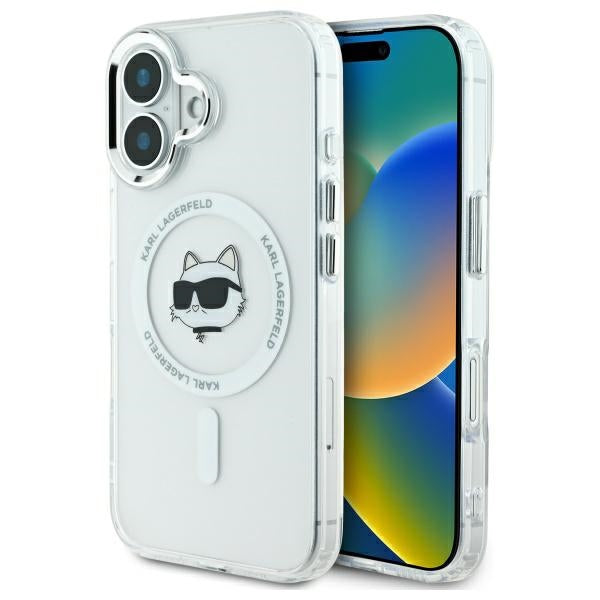 Coque MagSafe pour Apple iPhone 16 Plus, Karl Lagerfeld, IML Metal Choupette's Head, Blanche