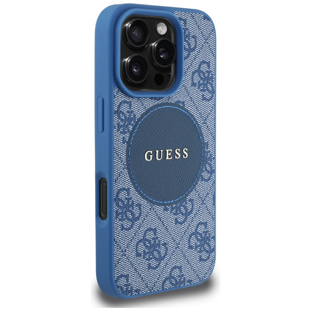 Étui MagSafe pour Apple iPhone 16 Pro, Guess, Logo Classique Cercle 4G, Bleu