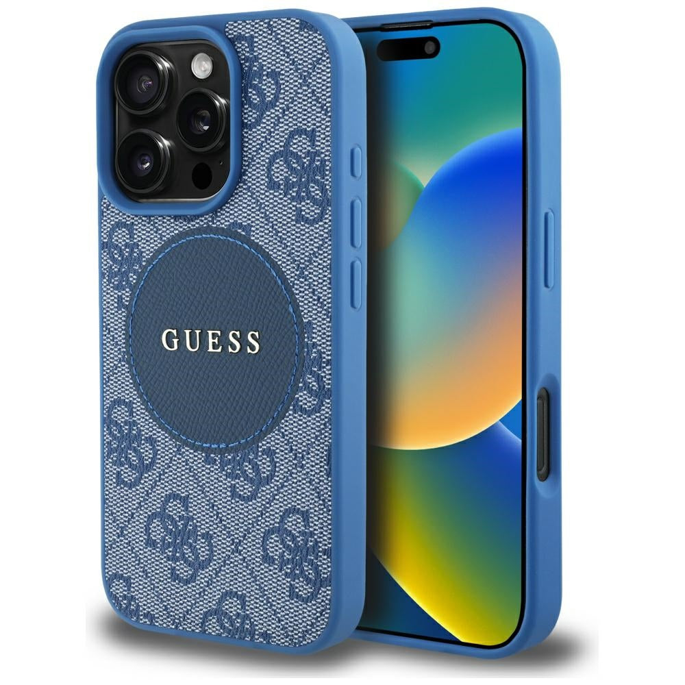 Étui MagSafe pour Apple iPhone 16 Pro, Guess, Logo Classique Cercle 4G, Bleu