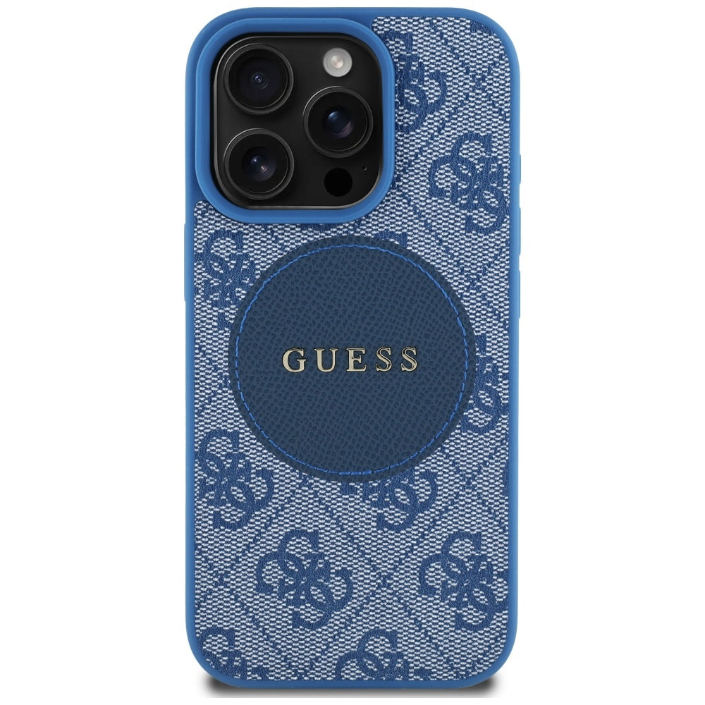 Étui MagSafe pour Apple iPhone 16 Pro, Guess, Logo Classique Cercle 4G, Bleu