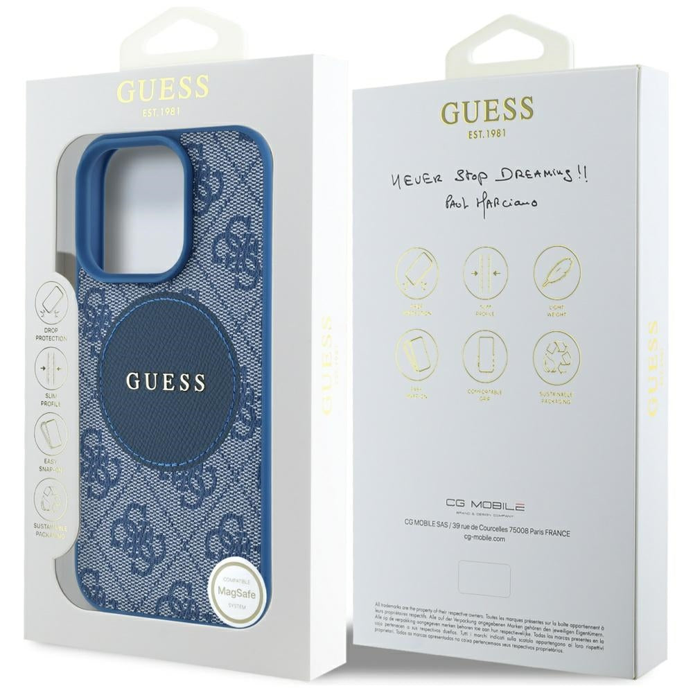 Étui MagSafe pour Apple iPhone 16 Pro, Guess, Logo Classique Cercle 4G, Bleu