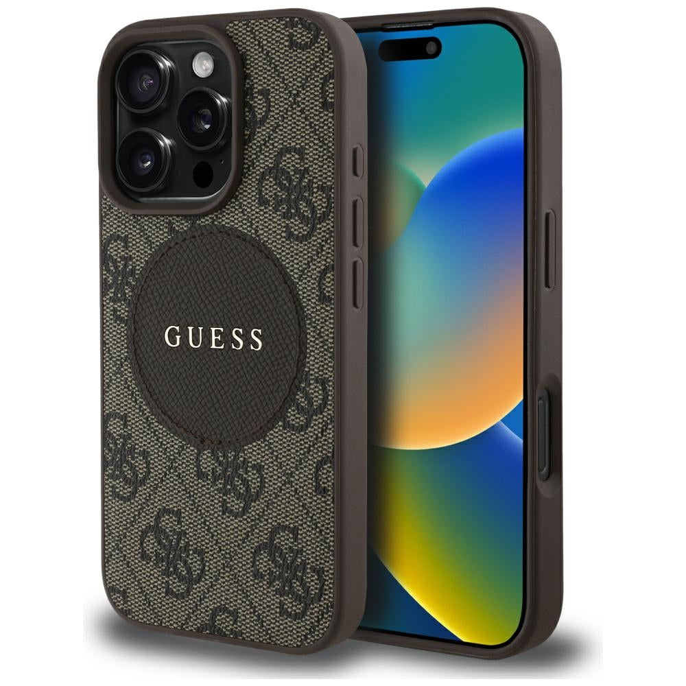 MagSafe Case for Apple iPhone 16 Pro, Guess, 4G Circle Classic Logo, Brown