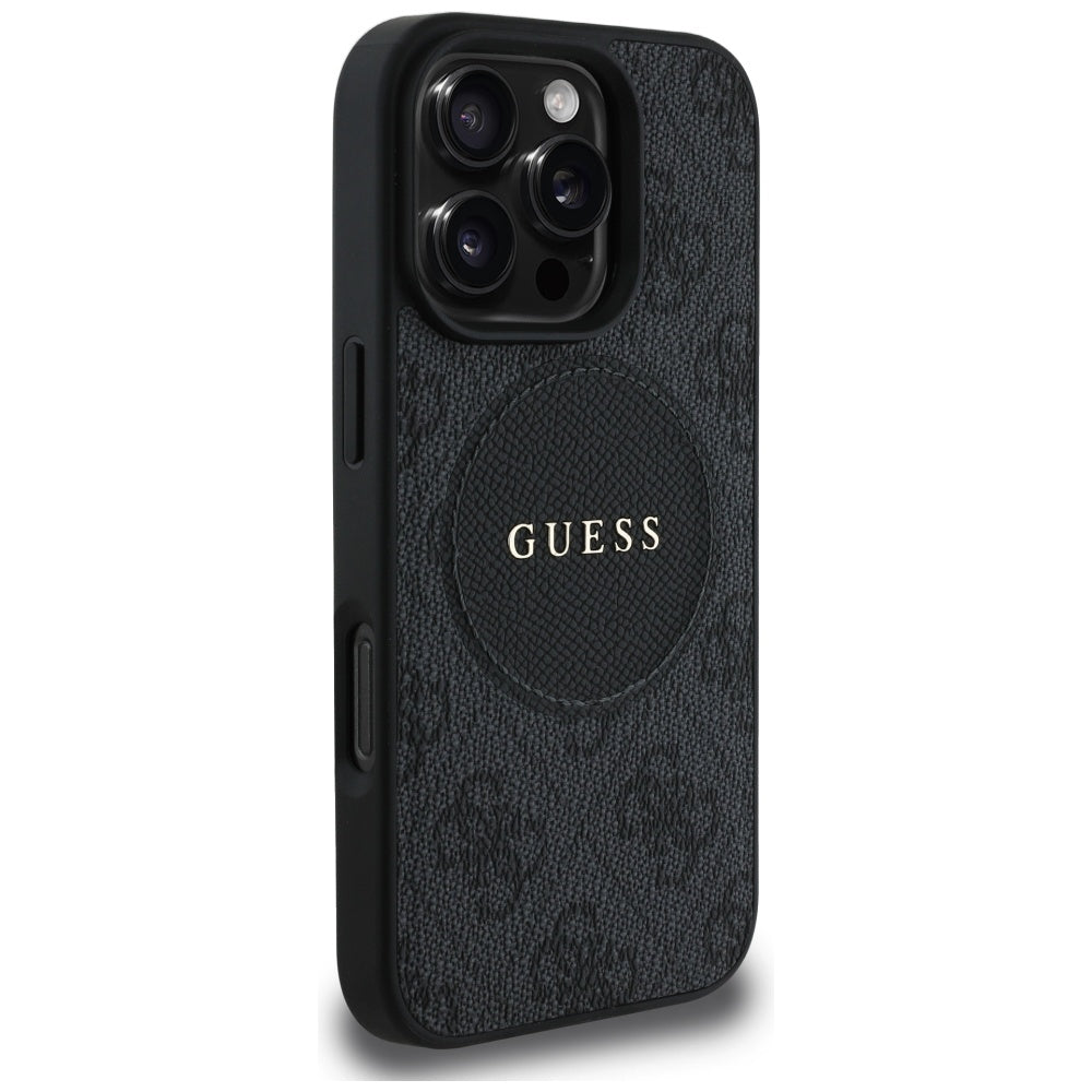 Étui MagSafe pour Apple iPhone 16 Pro, Guess, Logo Classique Cercle 4G, Noir