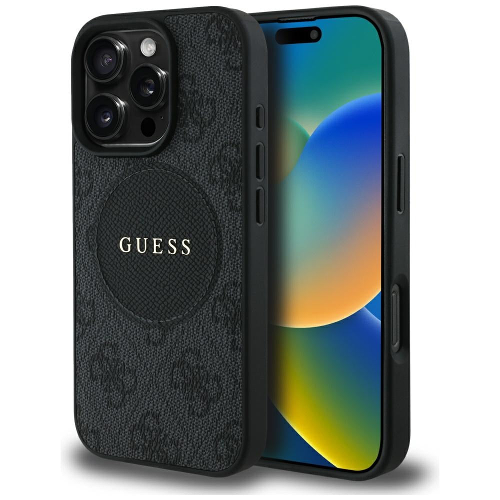 Étui MagSafe pour Apple iPhone 16 Pro, Guess, Logo Classique Cercle 4G, Noir