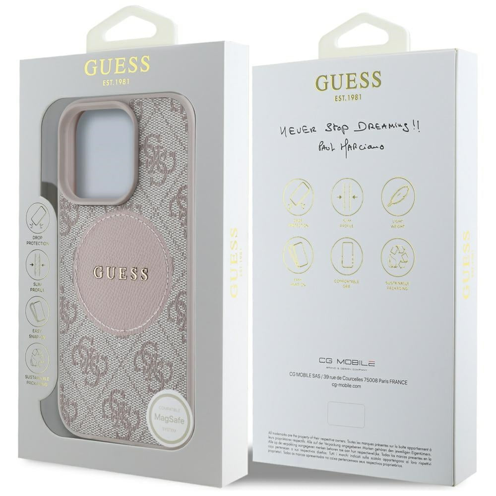 Étui MagSafe pour Apple iPhone 16 Pro, Guess, 4G Circle Classic Logo, Rose