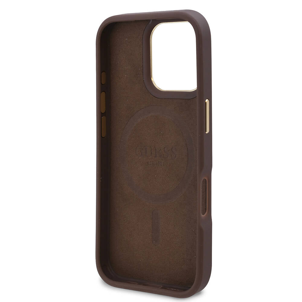 Housse MagSafe pour Apple iPhone 16 Pro, Guess, Plaque Logo 4G, Marron