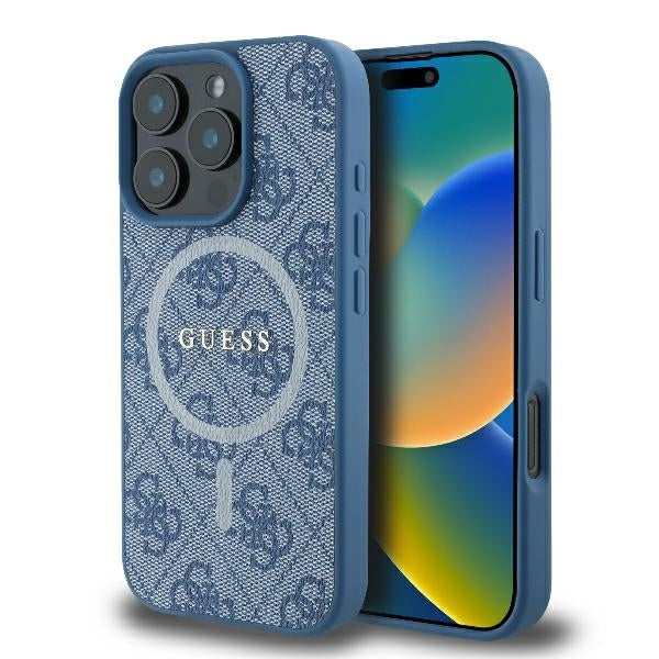 Coque MagSafe pour Apple iPhone 16 Pro, Guess, 4G Ring Classic Logo, Bleue