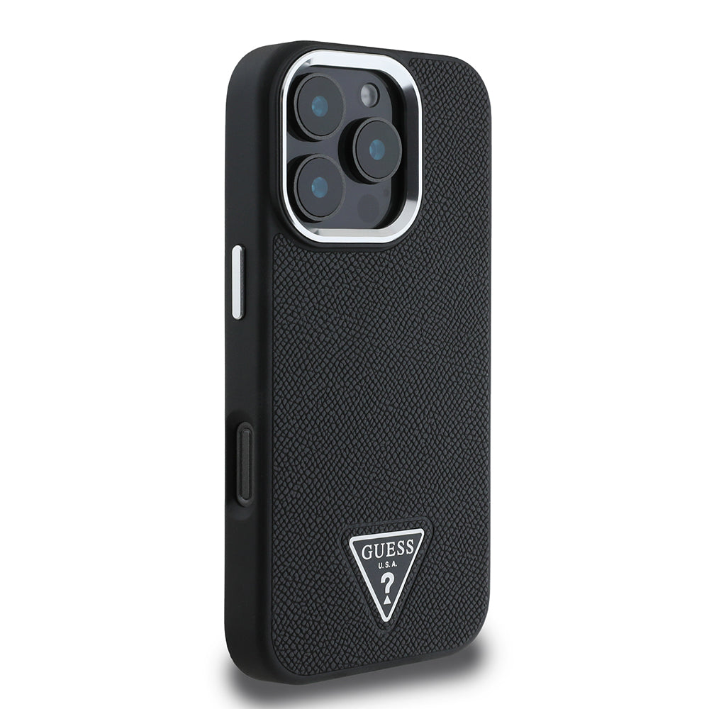 Étui MagSafe pour Apple iPhone 16 Pro, Guess, Logo Triangle Grainé, Noir