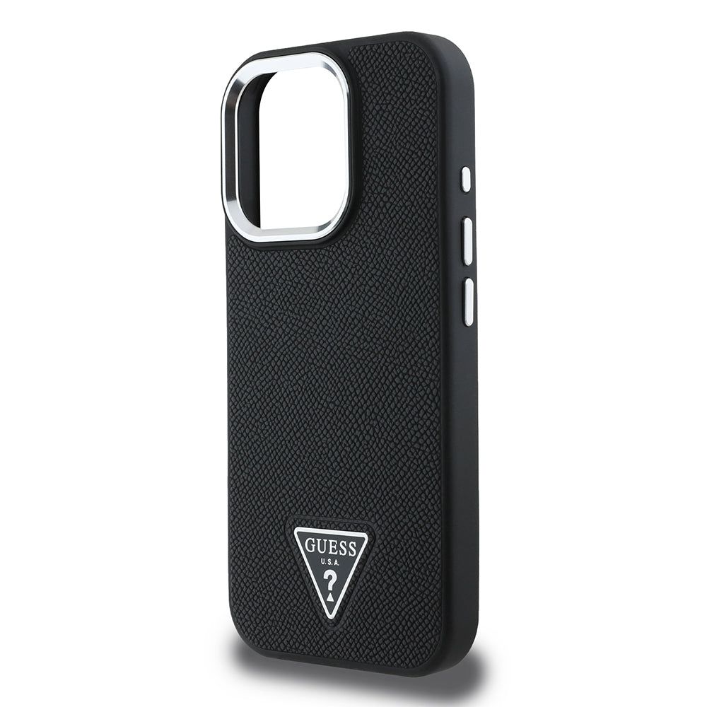 Étui MagSafe pour Apple iPhone 16 Pro, Guess, Logo Triangle Grainé, Noir