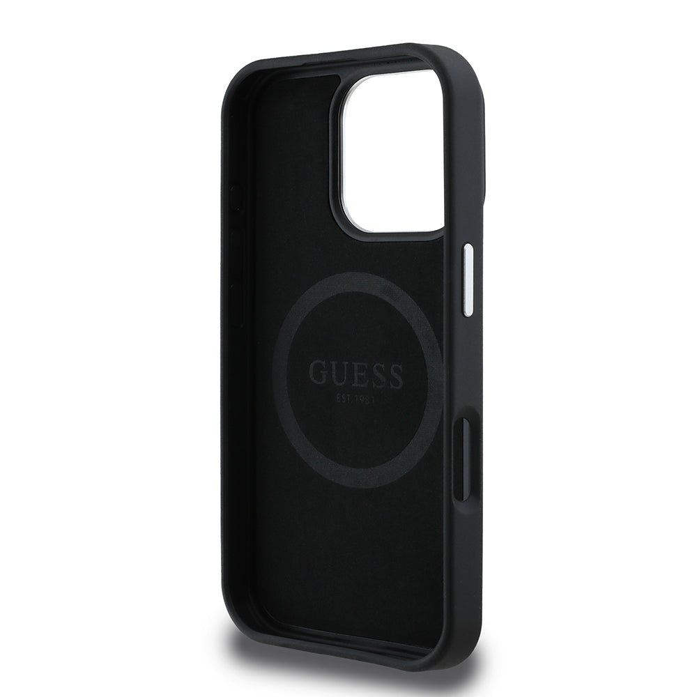 Étui MagSafe pour Apple iPhone 16 Pro, Guess, Logo Triangle Grainé, Noir