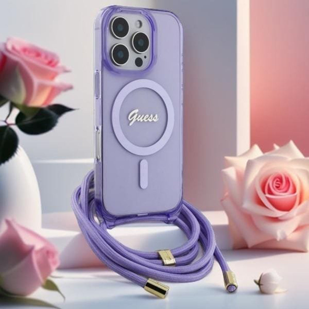 Étui MagSafe pour Apple iPhone 16 Pro, Guess, IML Crossbody Cord Script, Violet