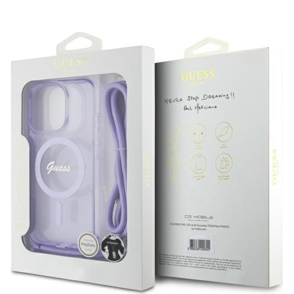 Étui MagSafe pour Apple iPhone 16 Pro, Guess, IML Crossbody Cord Script, Violet