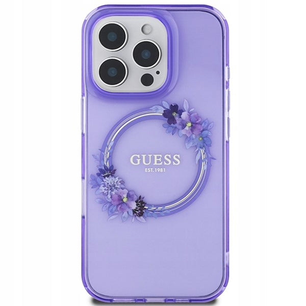 Étui MagSafe pour Apple iPhone 16 Pro, Guess, IML Couronne de Fleurs, Violet