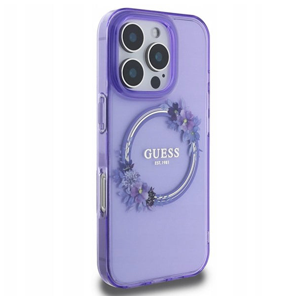 Étui MagSafe pour Apple iPhone 16 Pro, Guess, IML Couronne de Fleurs, Violet