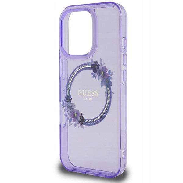Étui MagSafe pour Apple iPhone 16 Pro, Guess, IML Couronne de Fleurs, Violet