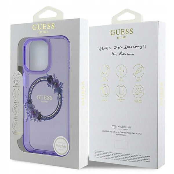 Étui MagSafe pour Apple iPhone 16 Pro, Guess, IML Couronne de Fleurs, Violet