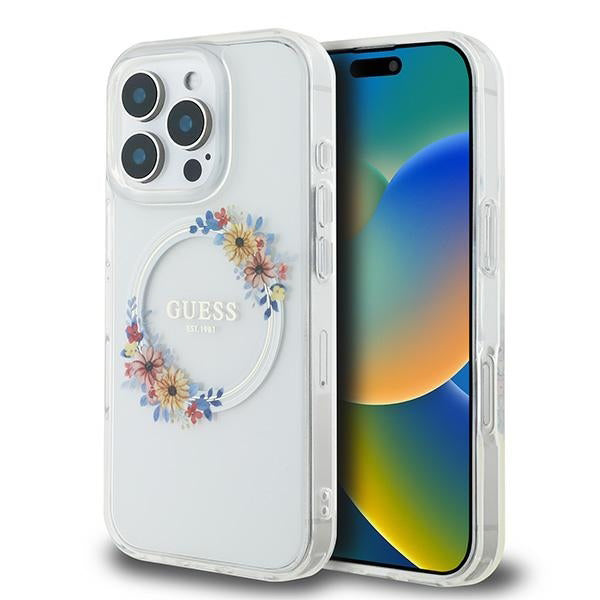 Étui MagSafe pour Apple iPhone 16 Pro, Guess, Couronne de Fleurs IML, Transparent