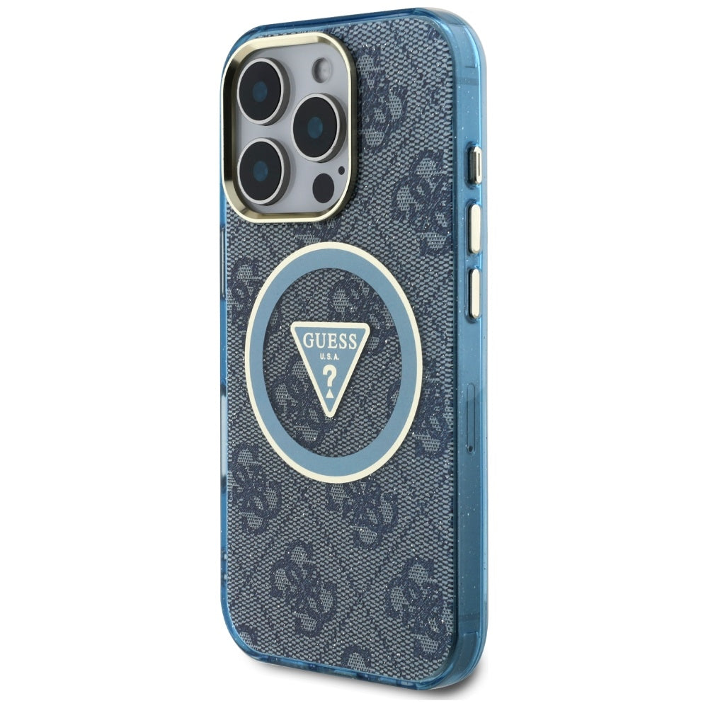 Étui MagSafe pour Apple iPhone 16 Pro, Guess, IML Glitter 4G Circle Triangle, Bleu