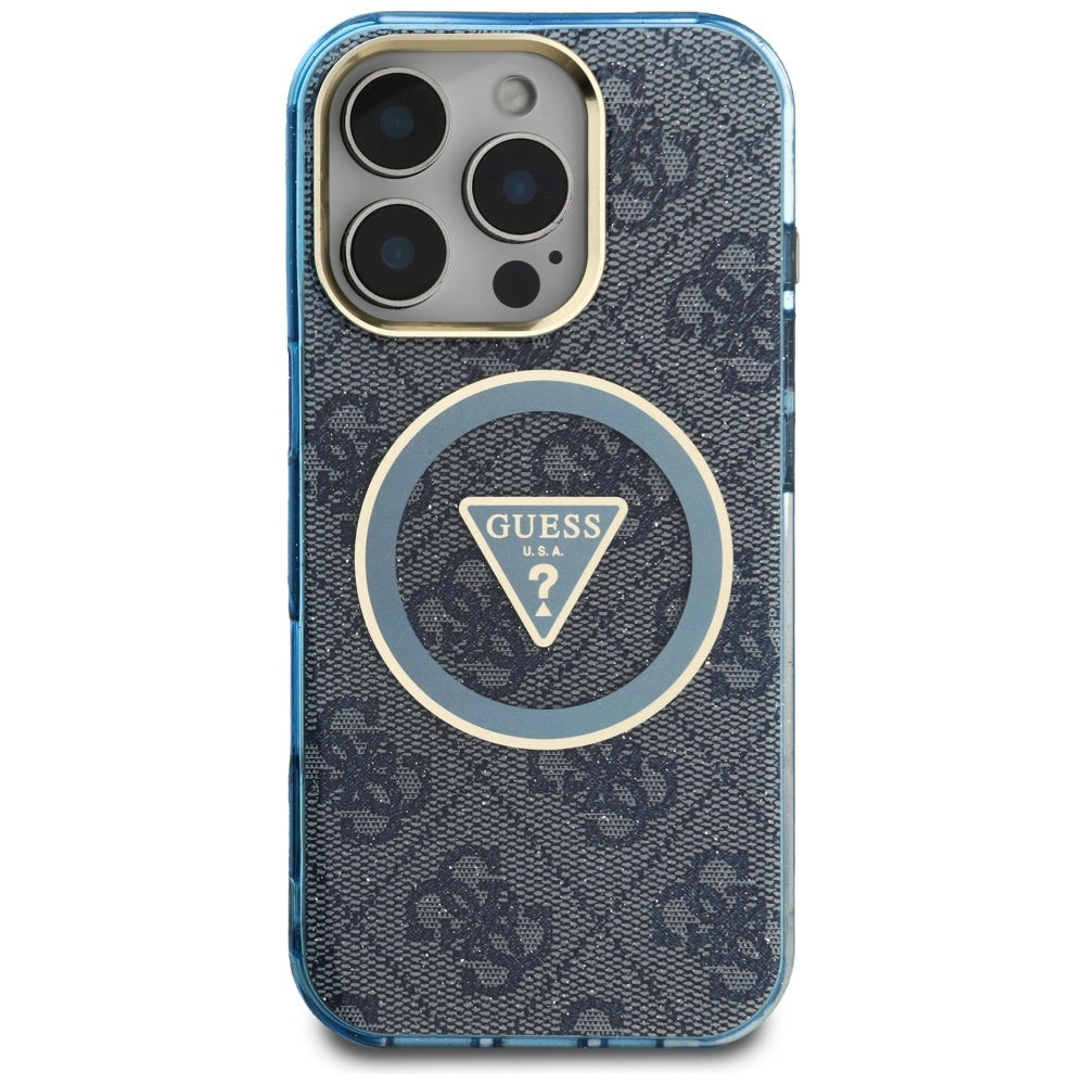Étui MagSafe pour Apple iPhone 16 Pro, Guess, IML Glitter 4G Circle Triangle, Bleu