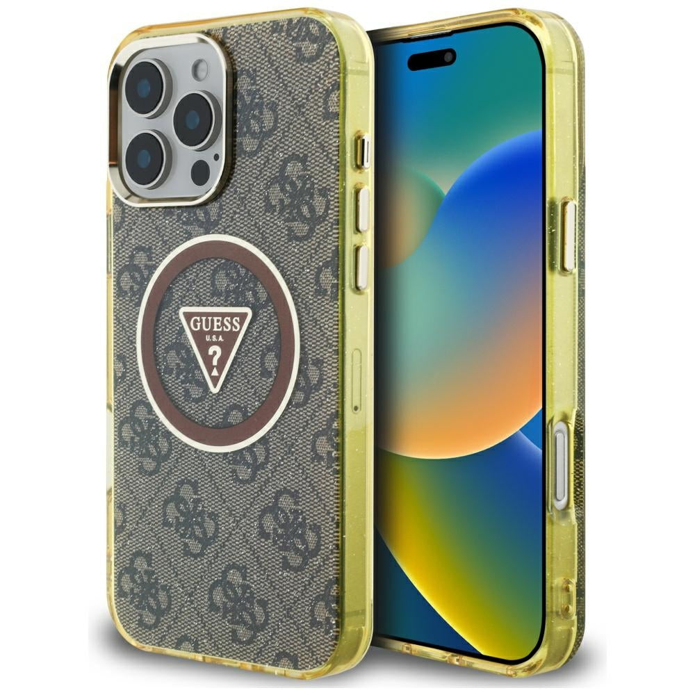 Étui MagSafe pour Apple iPhone 16 Pro, Guess, IML Glitter 4G Circle Triangle, Marron