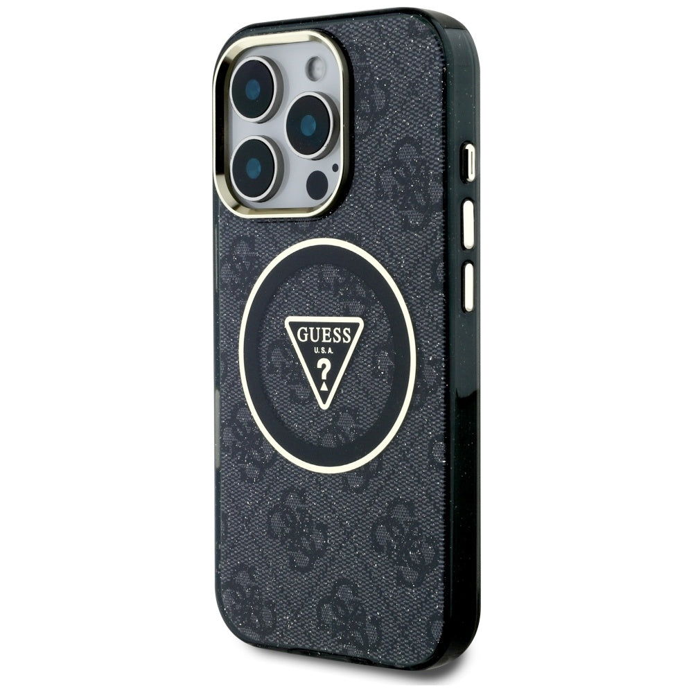 Étui MagSafe pour Apple iPhone 16 Pro, Guess, IML Glitter 4G Circle Triangle, Noir