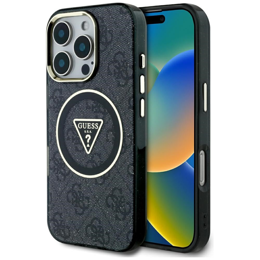 Étui MagSafe pour Apple iPhone 16 Pro, Guess, IML Glitter 4G Circle Triangle, Noir