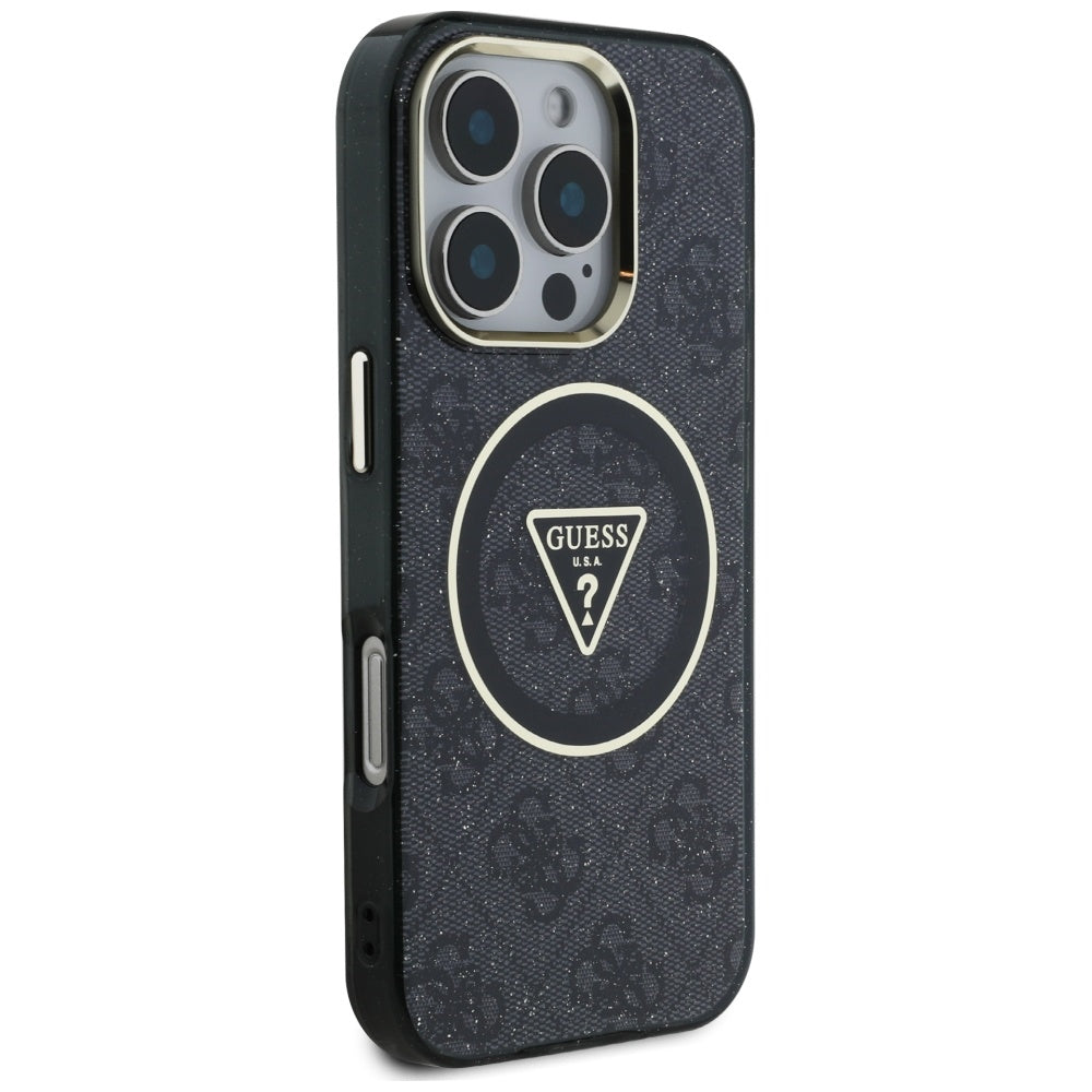 Étui MagSafe pour Apple iPhone 16 Pro, Guess, IML Glitter 4G Circle Triangle, Noir