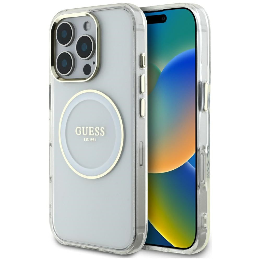 Coque MagSafe pour Apple iPhone 16 Pro, Guess, IML Cercle Métallique Coloré, Blanc