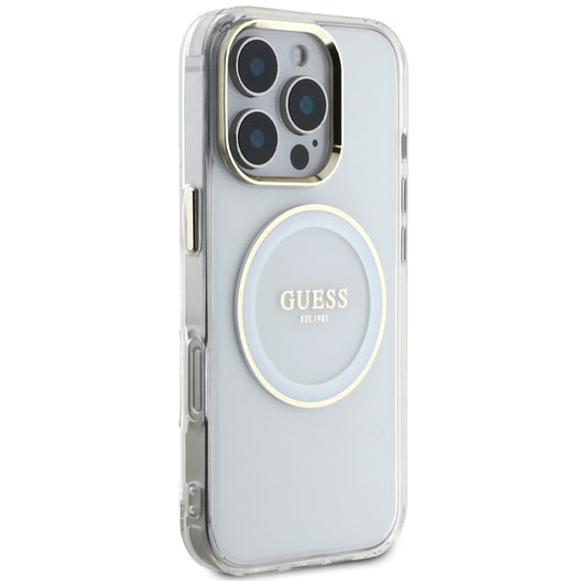 Coque MagSafe pour Apple iPhone 16 Pro, Guess, IML Cercle Métallique Coloré, Blanc